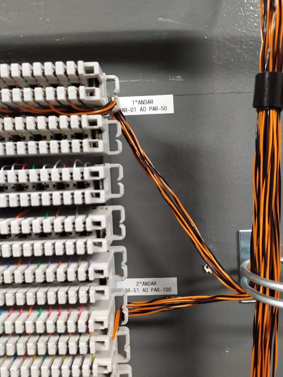 Patch panels identificados por andar e numeração de pontos, com cabos conectados