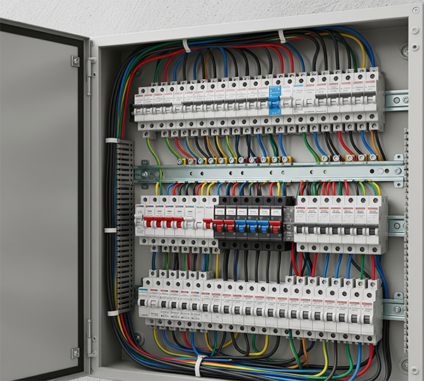 Quadro elétrico organizado com disjuntores identificados e fiação padronizada