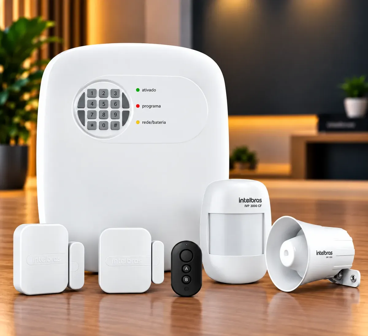 Kit de central de alarme com teclado, sensores, controle remoto e sirene sobre mesa